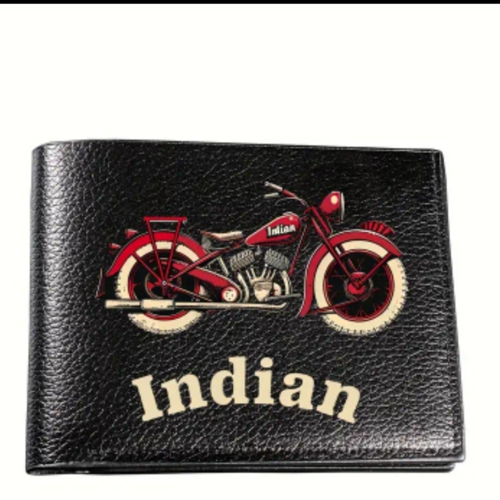 Vintage Indian Scout Motorcycle Men's Wallet - Sleek Black Faux Leather, Bifold